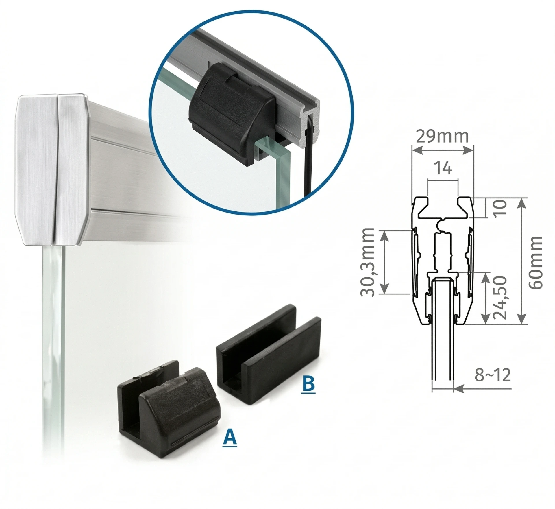 MOTORLINE PINZA PERFIL ALUMINIO KIT F2 VIDRIO 5+5mm TORNILLOS OCULTOS PLETINAS INCLUIDAS